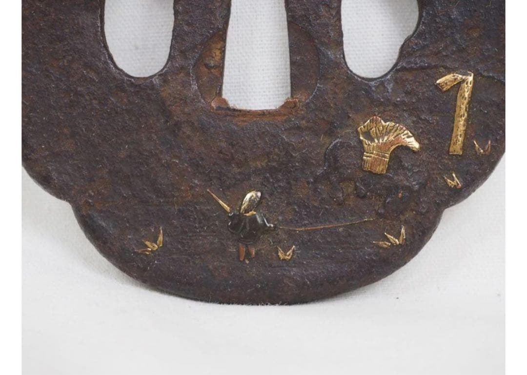 送料無料　江戸時代　無銘鐔/鍔　牛飼いの牧童図象嵌