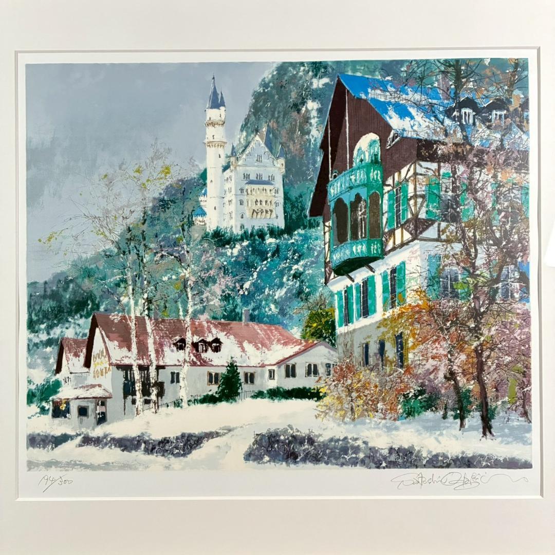 美品 小田切訓「雪のノイシュバンシュタイン城」シルクスクリーン 直筆