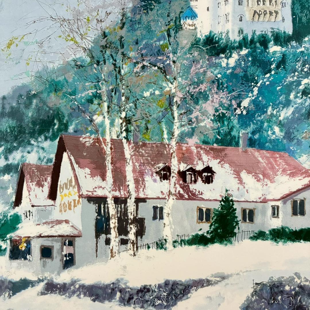 美品 小田切訓「雪のノイシュバンシュタイン城」シルクスクリーン 直筆