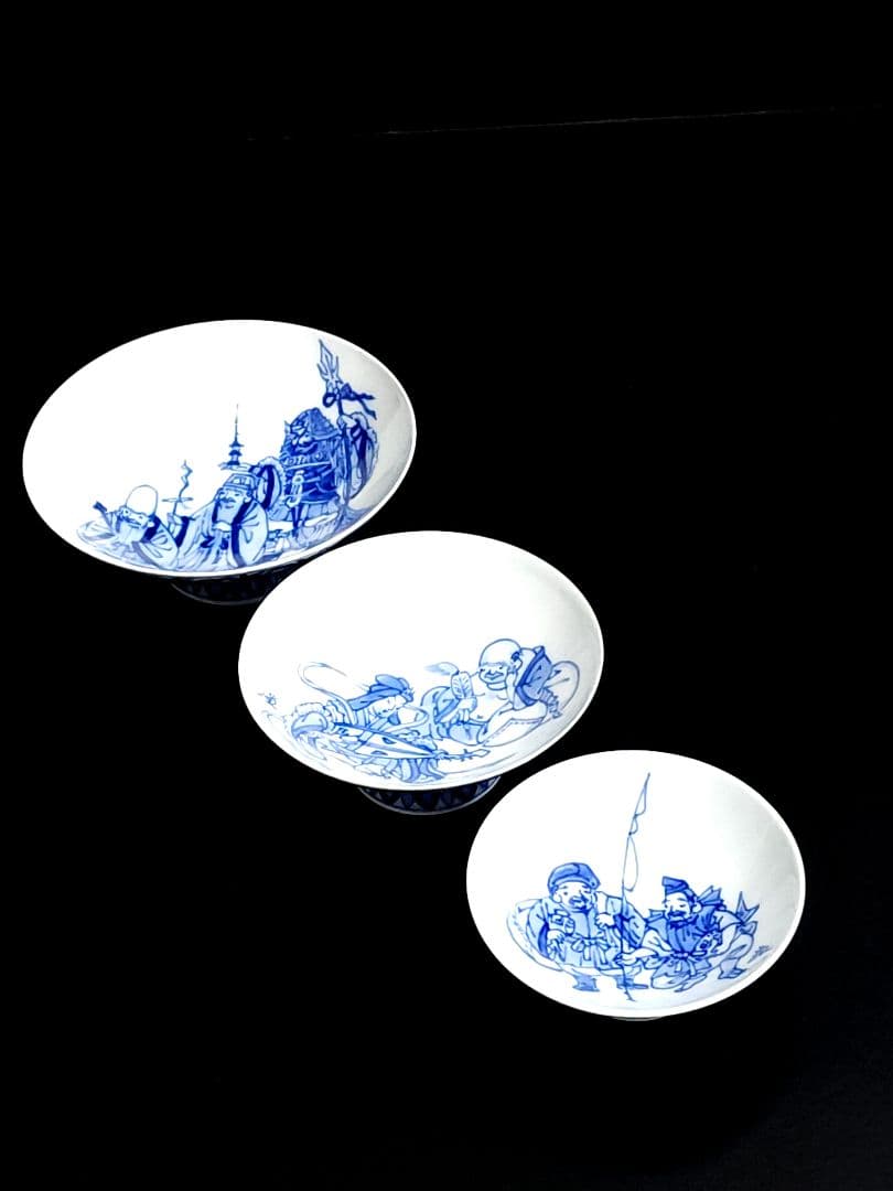 宮内庁御用達 十四代 辻常陸 作 染付七福神文 直燗揃 酒