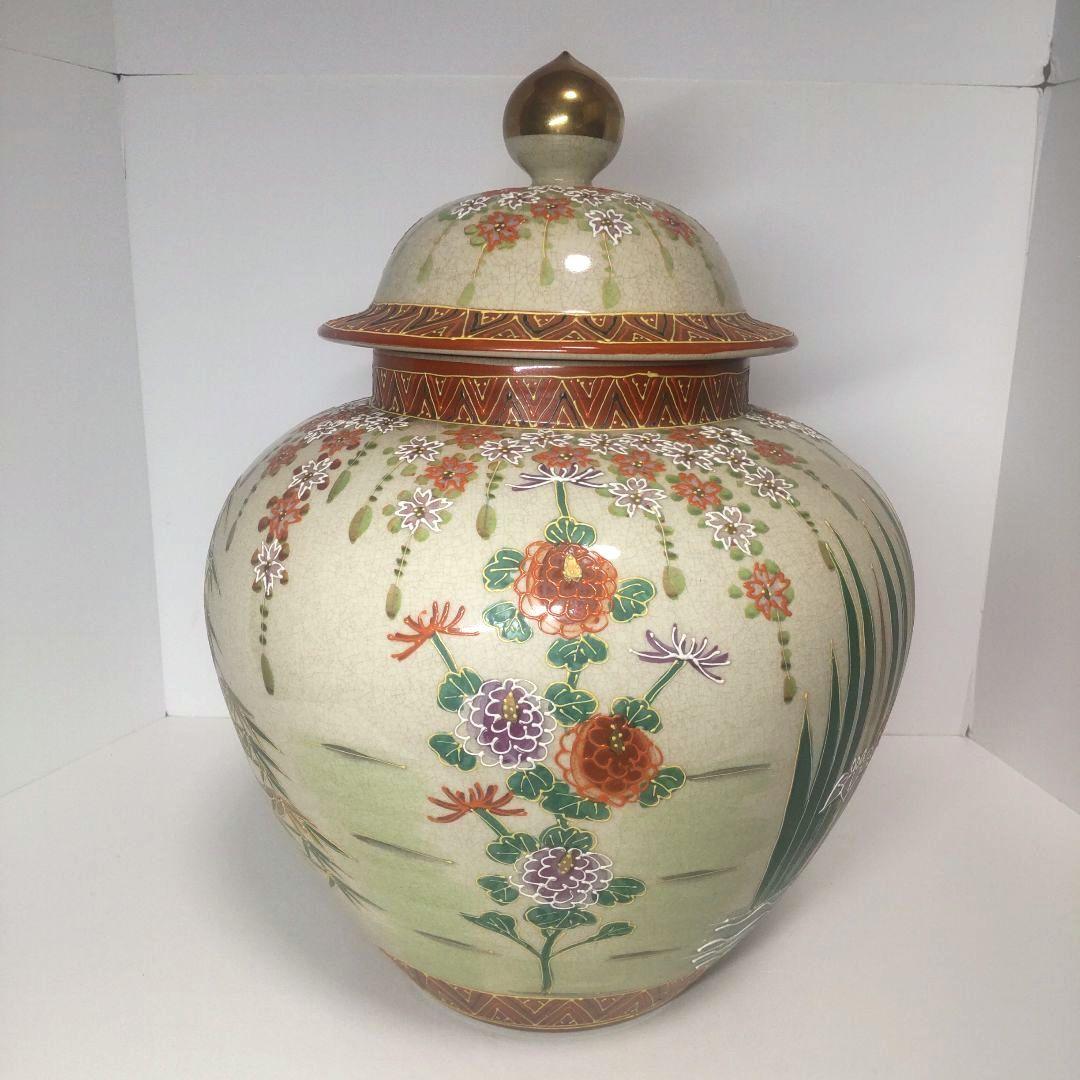 骨董 大型 薩摩焼 白薩摩 丸十字家紋 色絵金彩花 沈香壺 花瓶 年代物