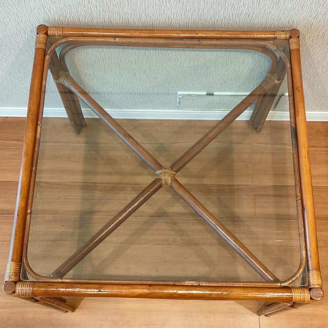 ビンテージラタン　ダイニングテーブルセット　ガラステーブル　椅子2脚付き