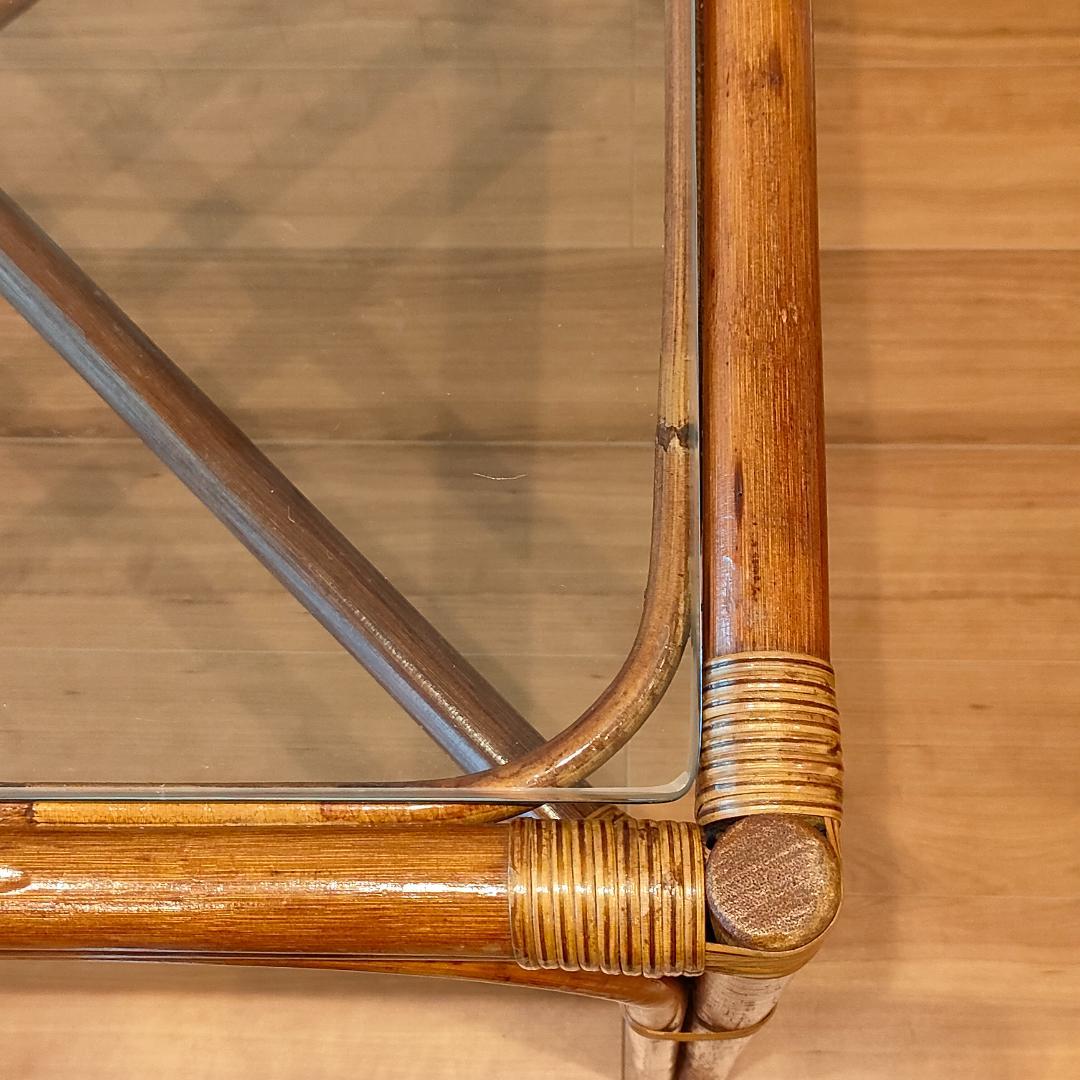 ビンテージラタン　ダイニングテーブルセット　ガラステーブル　椅子2脚付き