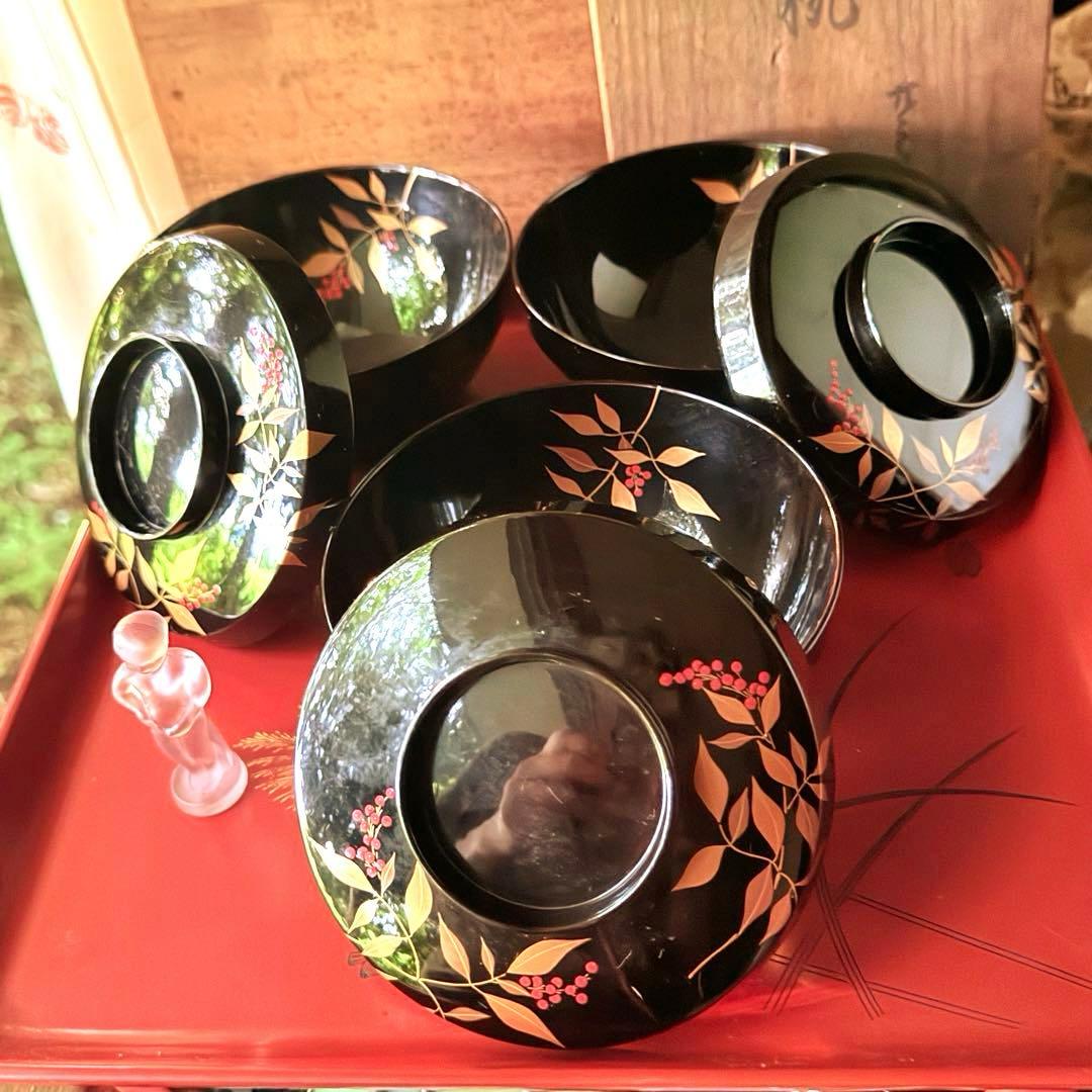 2192様感謝‼️JAPAN赤い実の南天蒔絵　明治32年‼️高台のない吸物椀 5客