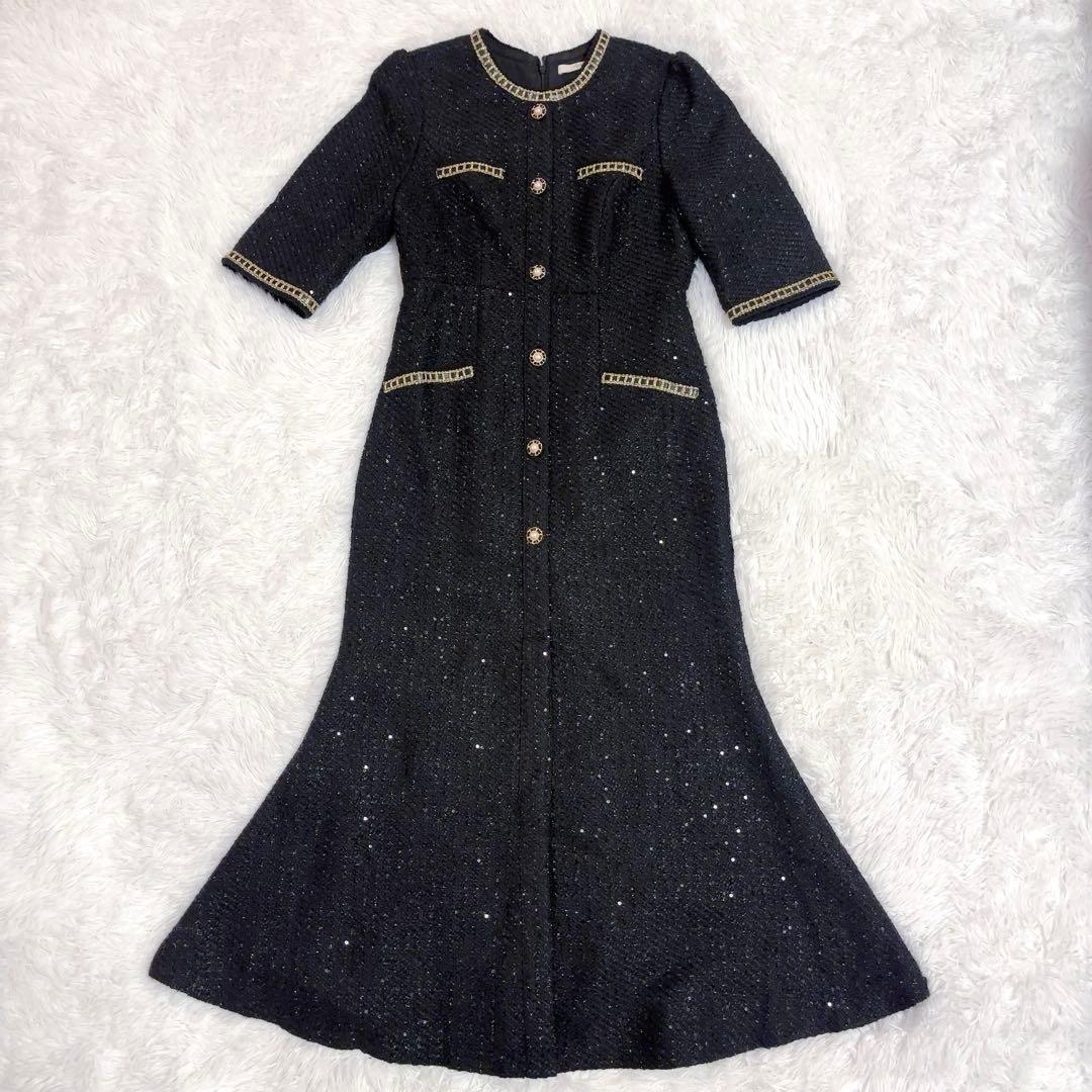美品 Leja ラメ混ツイードレザーパイピングマーメイドロング丈ドレス