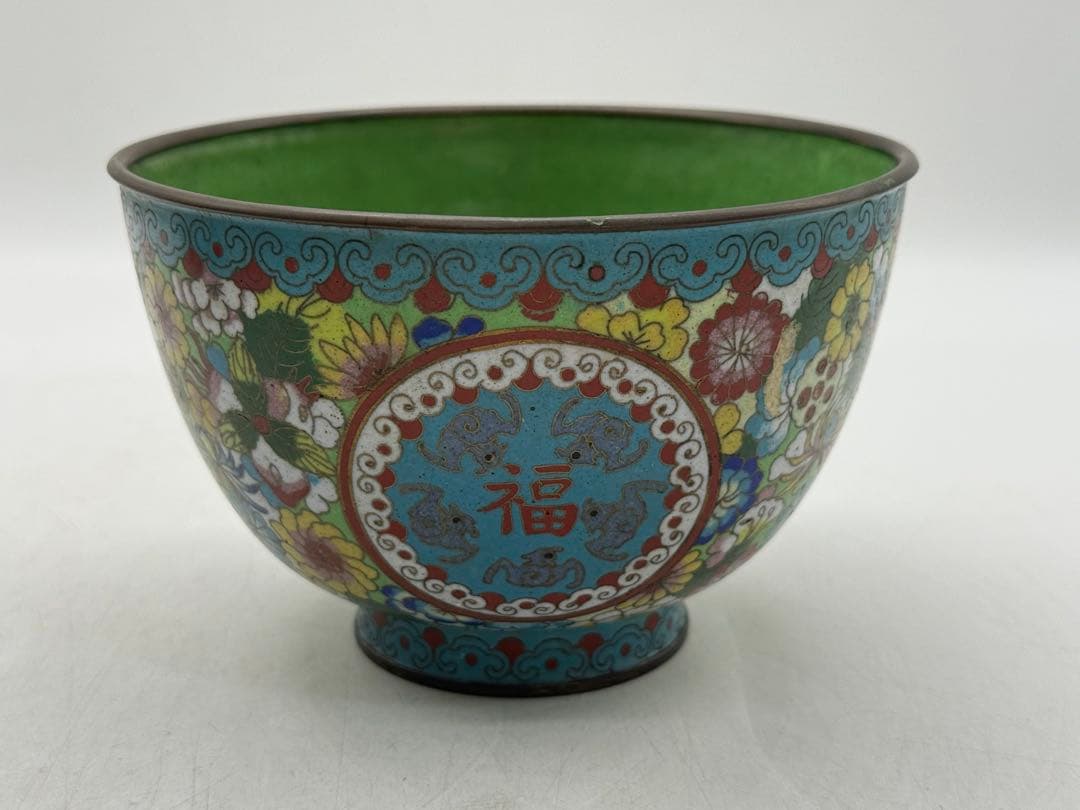 中国　民国期　七宝焼　福禄寿碗1対　景泰藍　送料込み251217