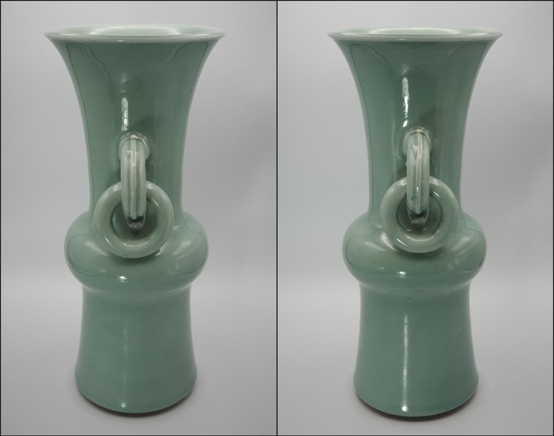 二代  宮川香山 真葛香山作 青磁釉 遊環耳付 花瓶 真葛香斎識箱付