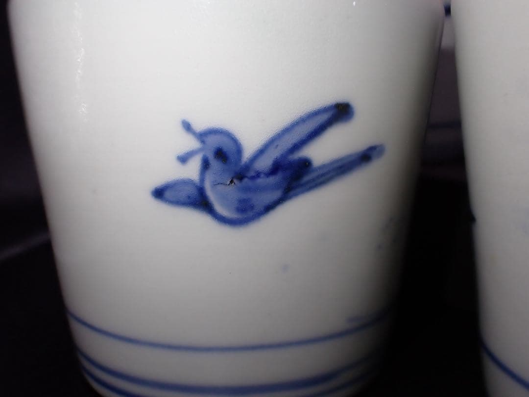 ５客完品⑦　古伊万里　手杓と手水鉢に鳥の図　そば猪口　江戸後期