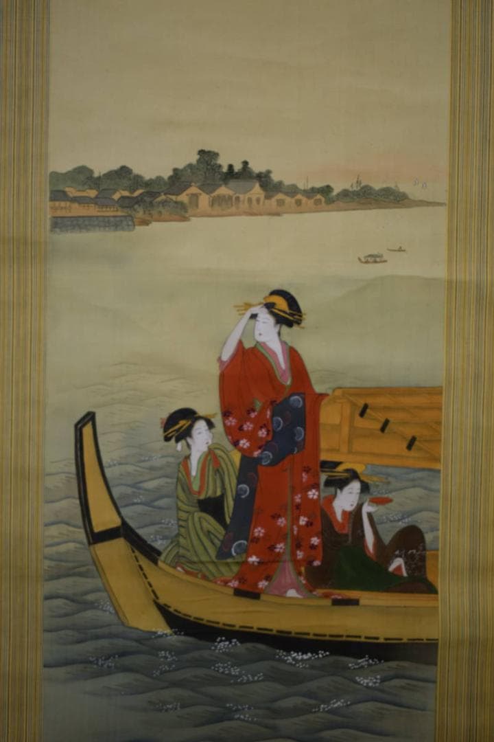 不詳/作者不詳/浮世絵美人画/舟遊図/布袋屋掛軸HH-614