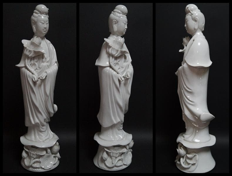 徳化窯 細工彫り『蓮上白磁観音様』 仏教美術 高さ40.5cm