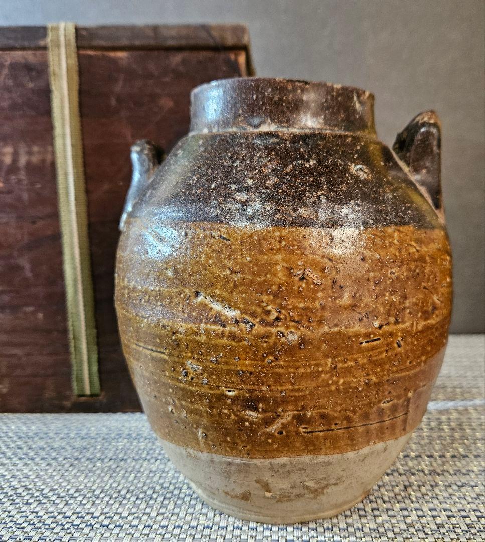 中国古陶磁器 古玩 宋時代 磁州窯系 褐釉 双耳 胴継ぎ 壺