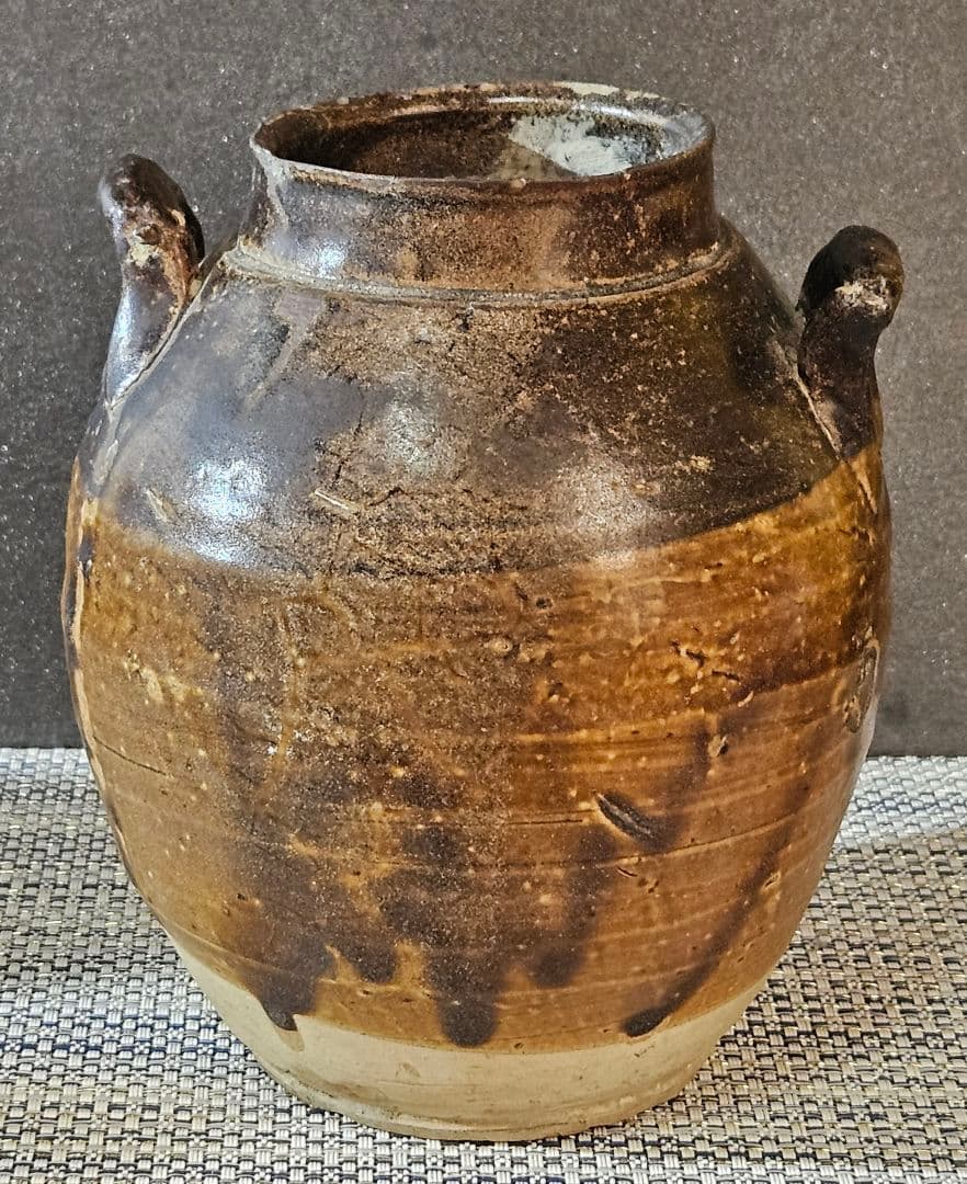 中国古陶磁器 古玩 宋時代 磁州窯系 褐釉 双耳 胴継ぎ 壺