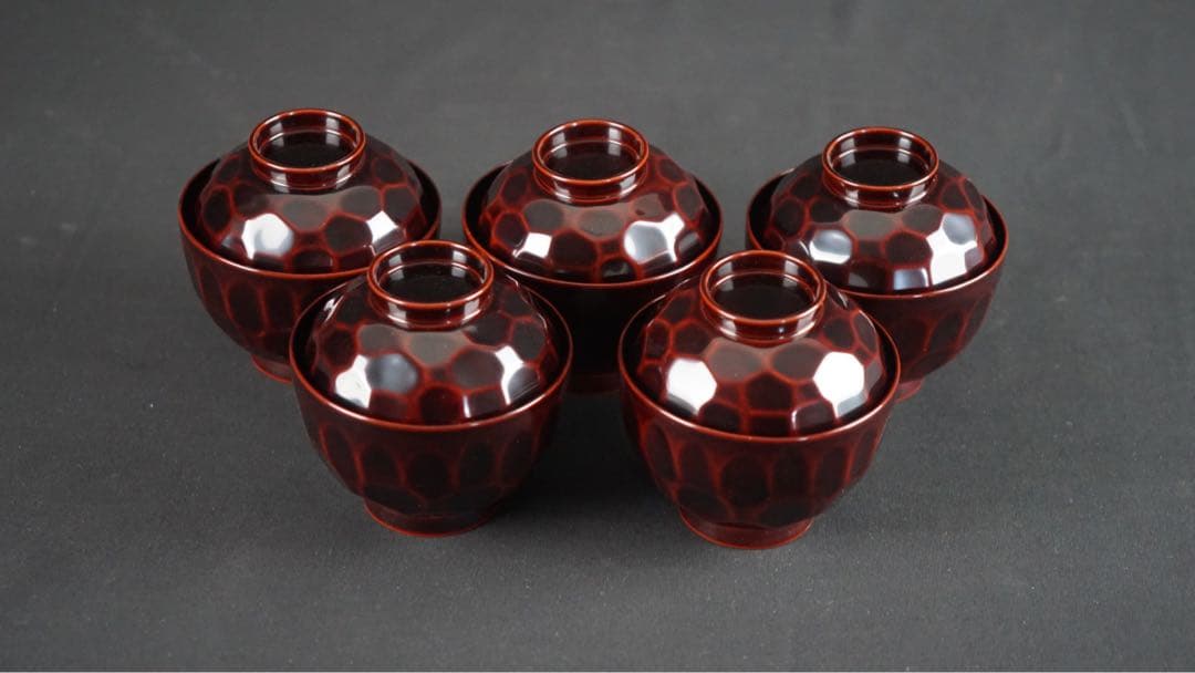 輪島塗 渦蒔絵 亀甲形 吸物椀 5客 共箱 未使用 美品