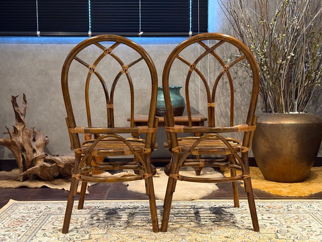 ラタン 籐家具 丸テーブル ダイニングチェア 台湾製 曲木 ビンテージ IG