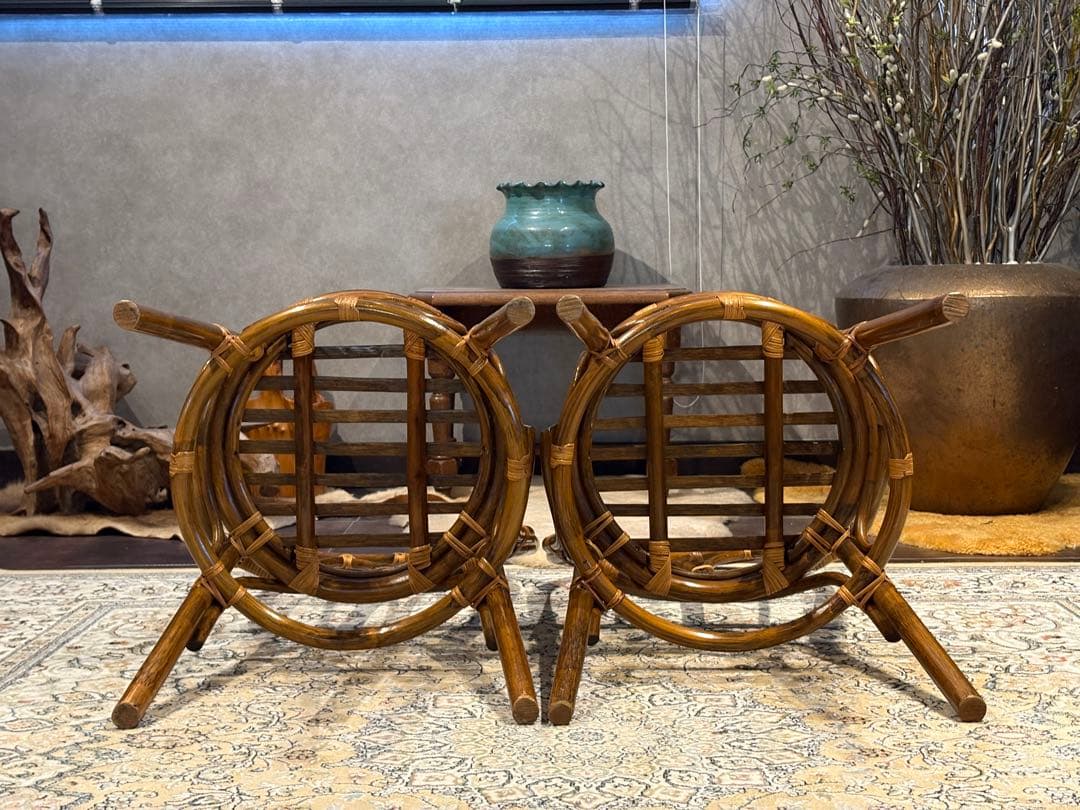 ラタン 籐家具 丸テーブル ダイニングチェア 台湾製 曲木 ビンテージ IG