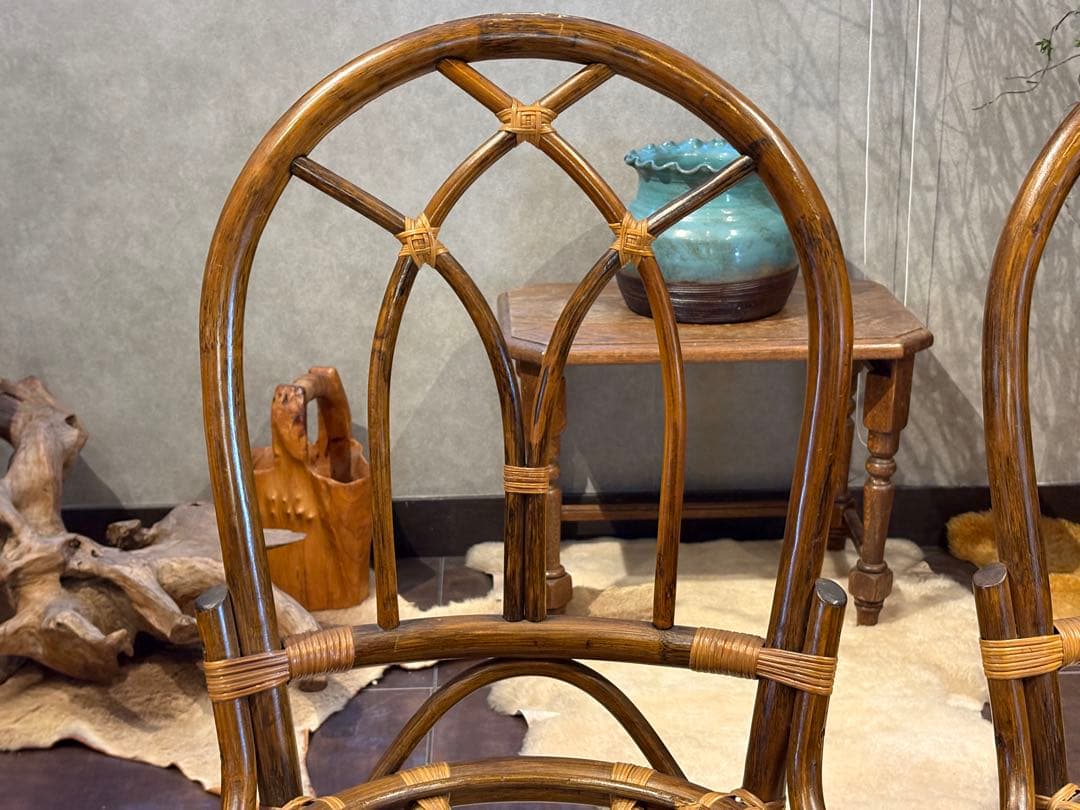 ラタン 籐家具 丸テーブル ダイニングチェア 台湾製 曲木 ビンテージ IG