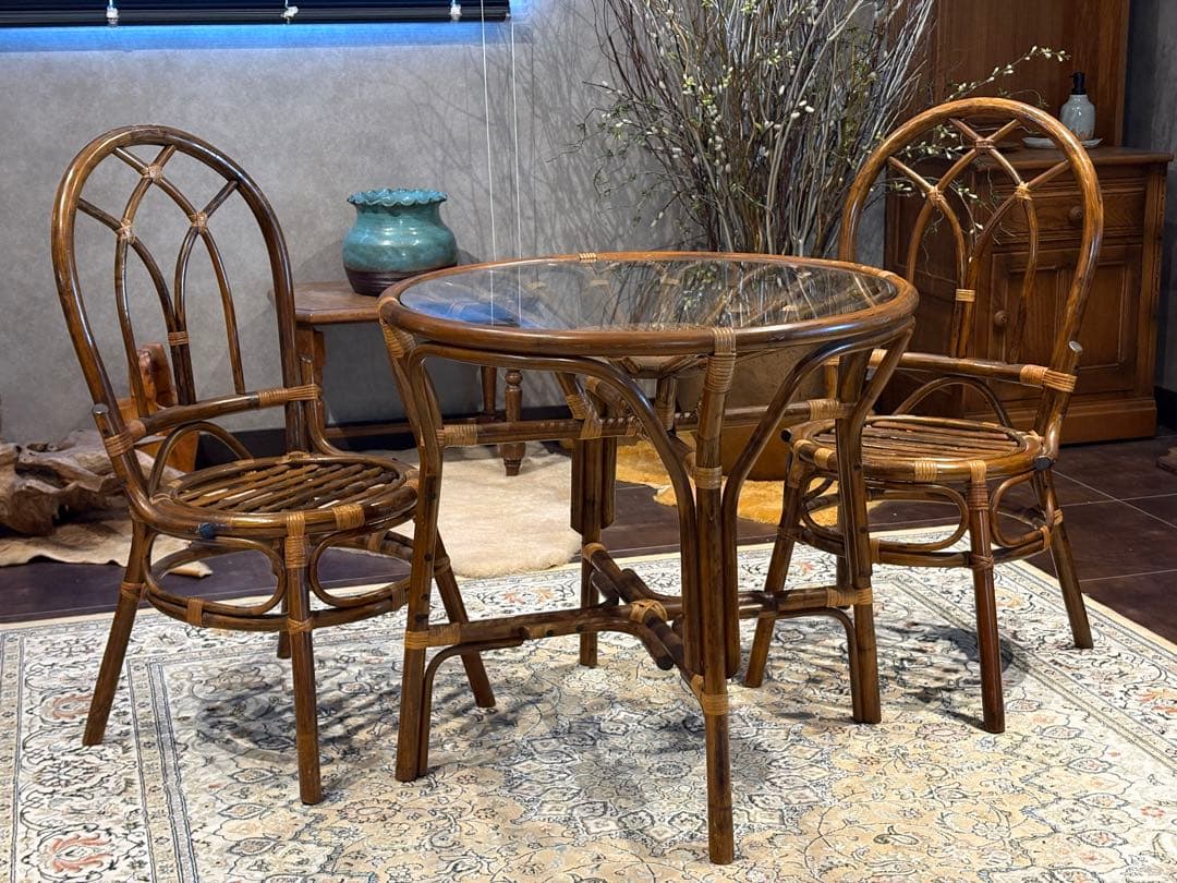 ラタン 籐家具 丸テーブル ダイニングチェア 台湾製 曲木 ビンテージ IG