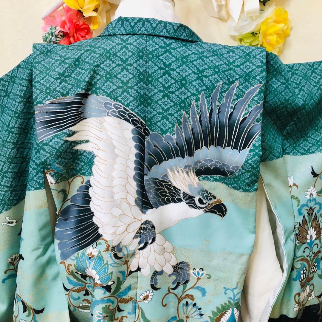 七五三 五歳‼️グリーン系に鷹金彩煌びやか‼️袴未使用しつけ糸付き‼️完全フルセット‼️