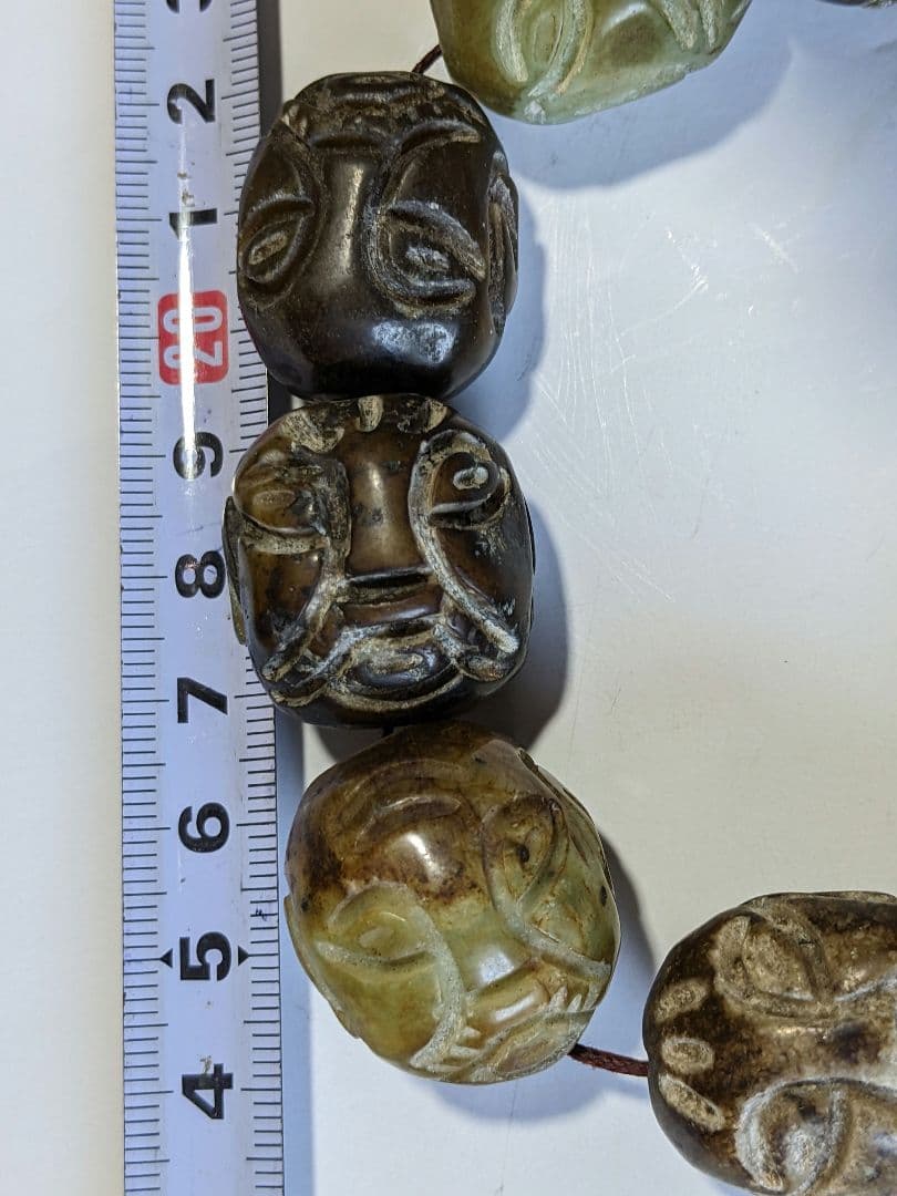 ♢珍物 チベット仏教 古美術品 大数珠 人面顔 手彫り 仏具 根付 緒