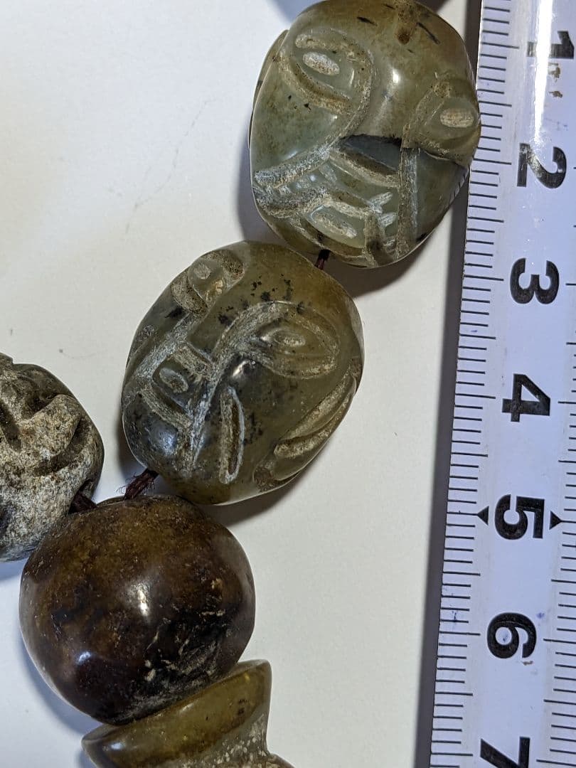 ♢珍物 チベット仏教 古美術品 大数珠 人面顔 手彫り 仏具 根付 緒