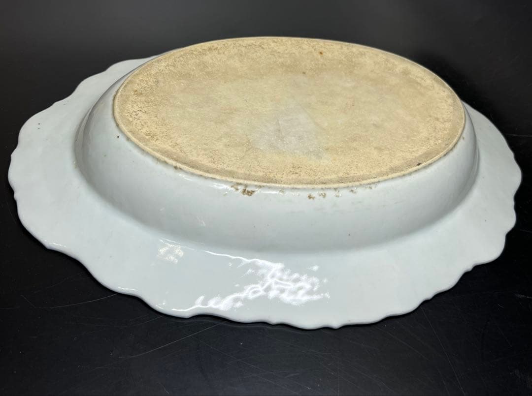 中国清朝時代 新渡青花オーバル皿 木箱付 幅約42.5㎝ 東Y7-1024☆2F