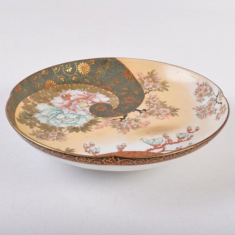 九谷焼　古九谷　色絵青粒金彩　桜牡丹文　飾皿　V　R8914