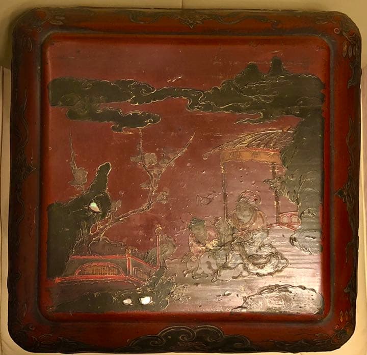 骨董 朱漆 楼閣山水人物堆錦螺鈿 中央香台