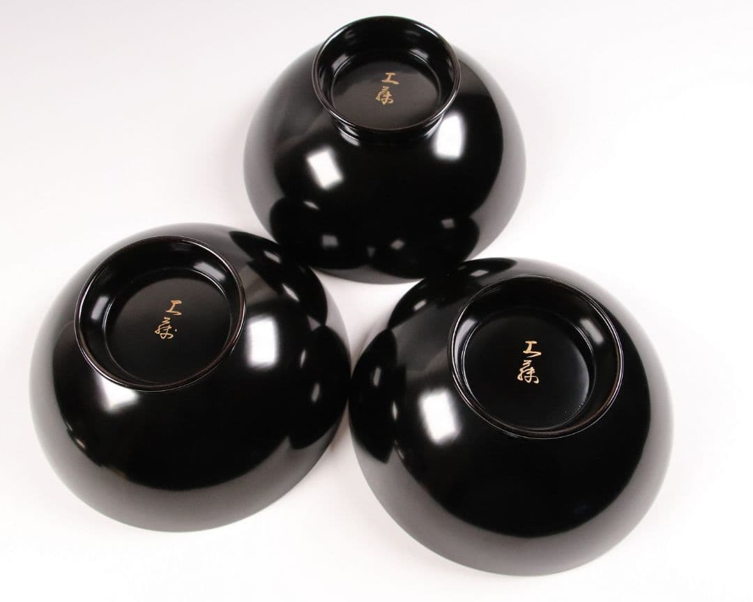 CK71 漆芸 木製漆器 輪島塗 柿蒔絵 黒塗御吸物椀 三客 / 秋 果物