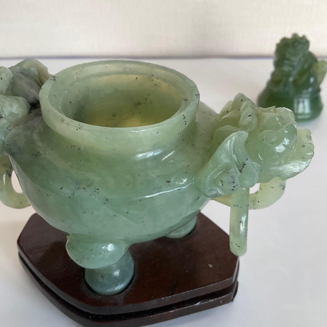 中国碧玉環付獅子頭香炉