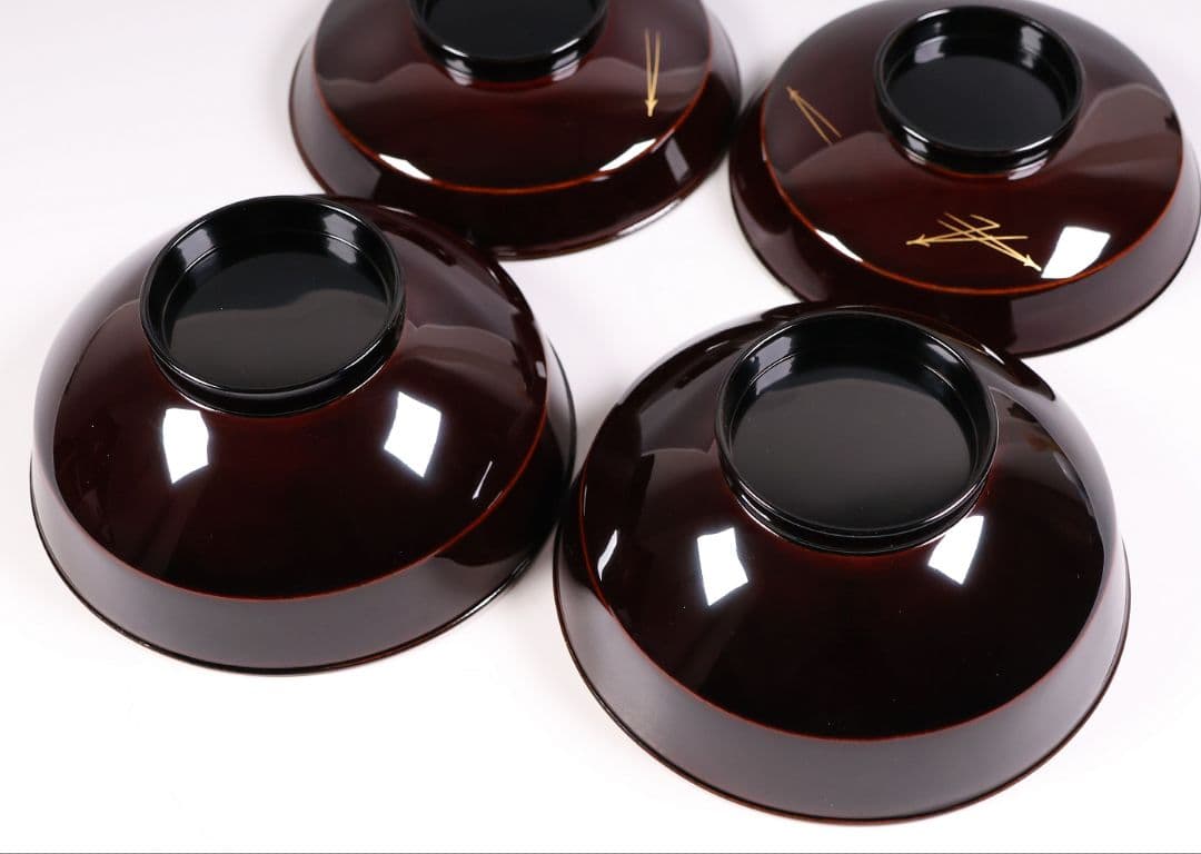 【CM377】大正期 月と松 飛翔鶴 金蒔絵 欅地溜塗 黒塗 椀二客 木製漆器