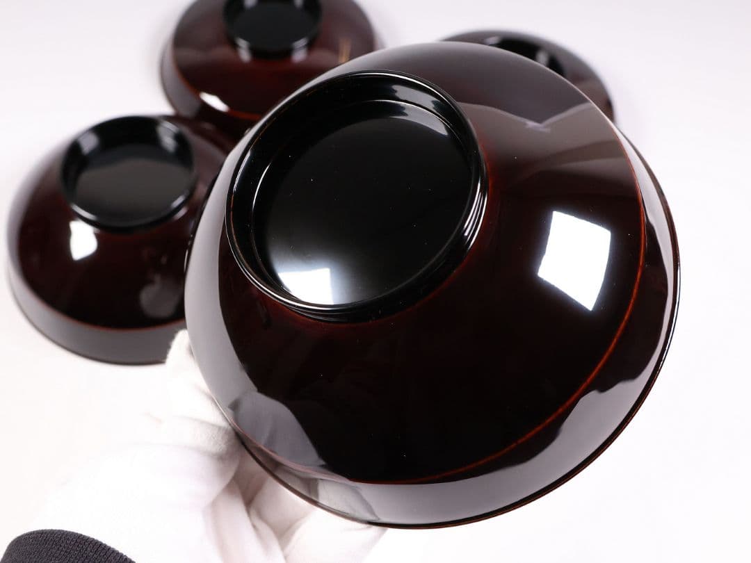 【CM377】大正期 月と松 飛翔鶴 金蒔絵 欅地溜塗 黒塗 椀二客 木製漆器