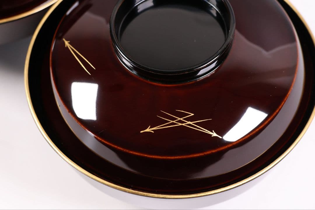 【CM377】大正期 月と松 飛翔鶴 金蒔絵 欅地溜塗 黒塗 椀二客 木製漆器