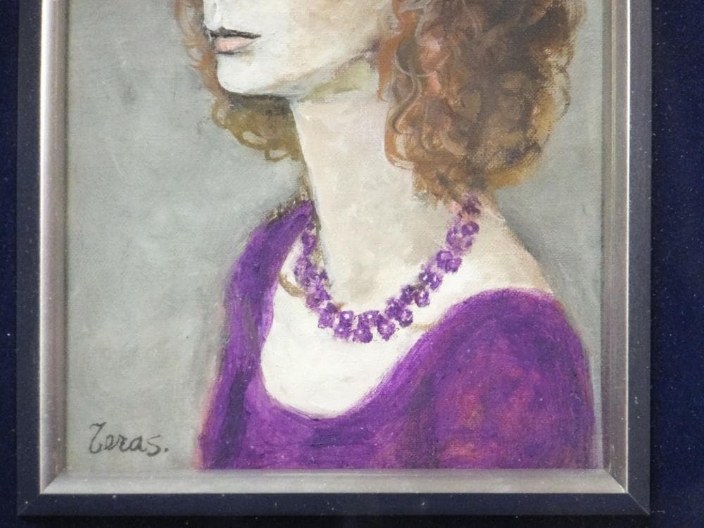 寺島龍一 直筆サイン『紫の首飾り』キャンヴァスに油彩 サムホール 0313A