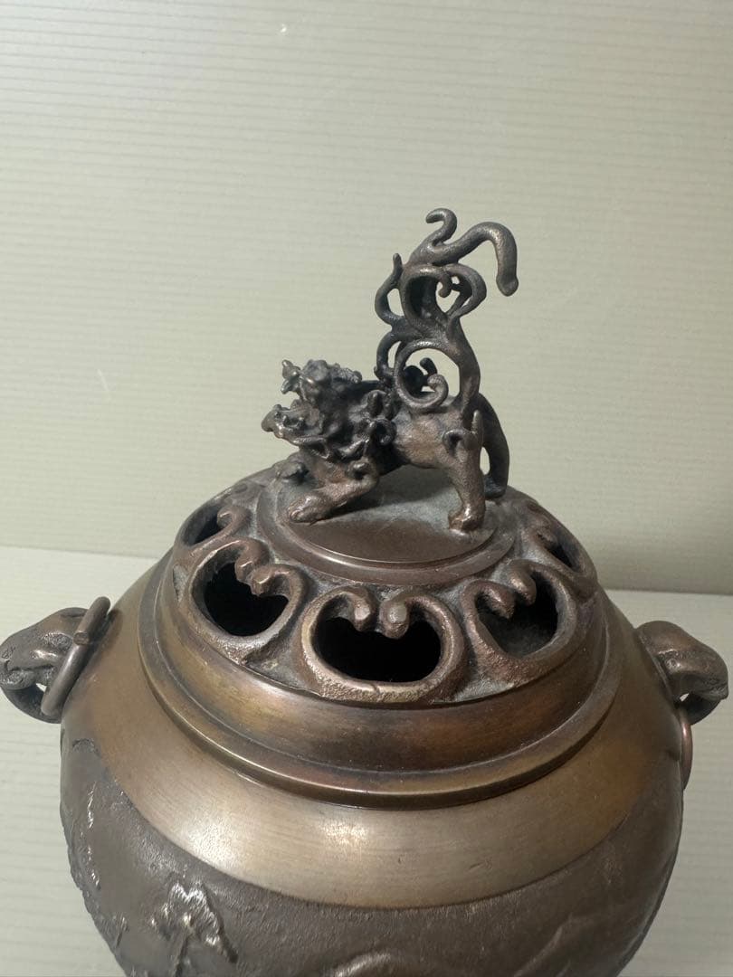 2078 銅製 鋳銅香炉 三足 獅子