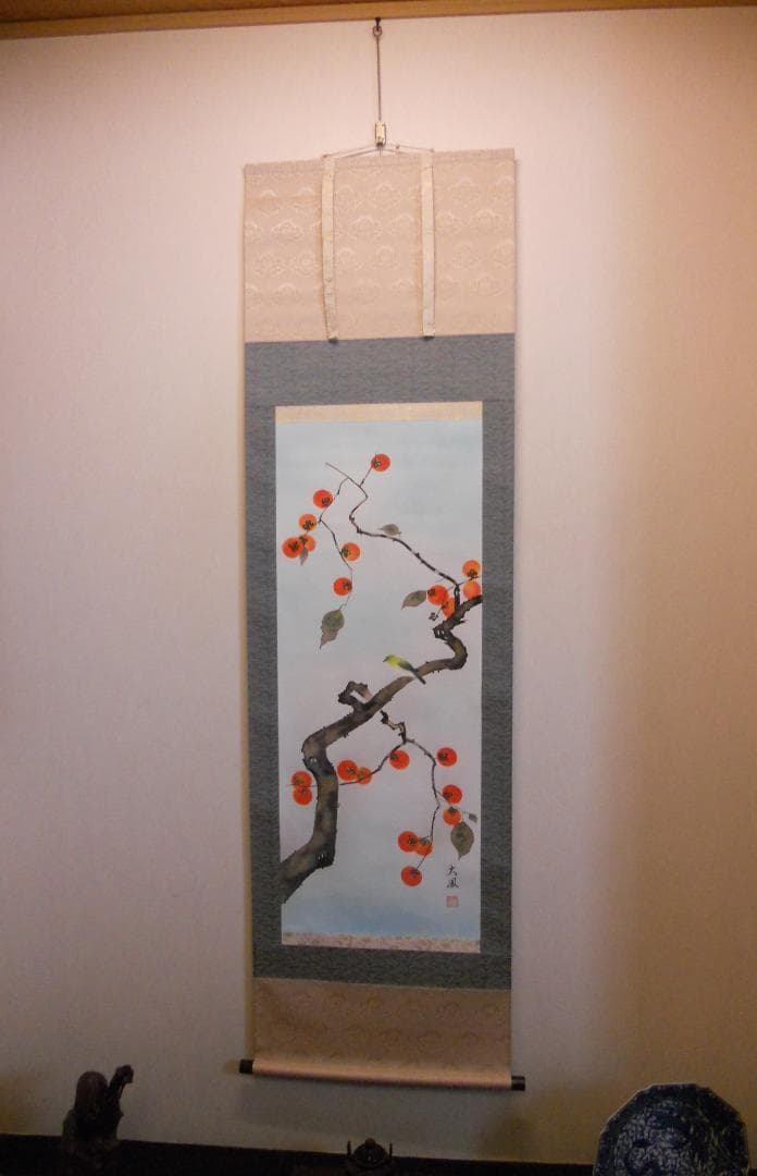 卸売 通販ホビー・楽器・アート - 掛け軸 小川大鳳 『 柿にめじろ