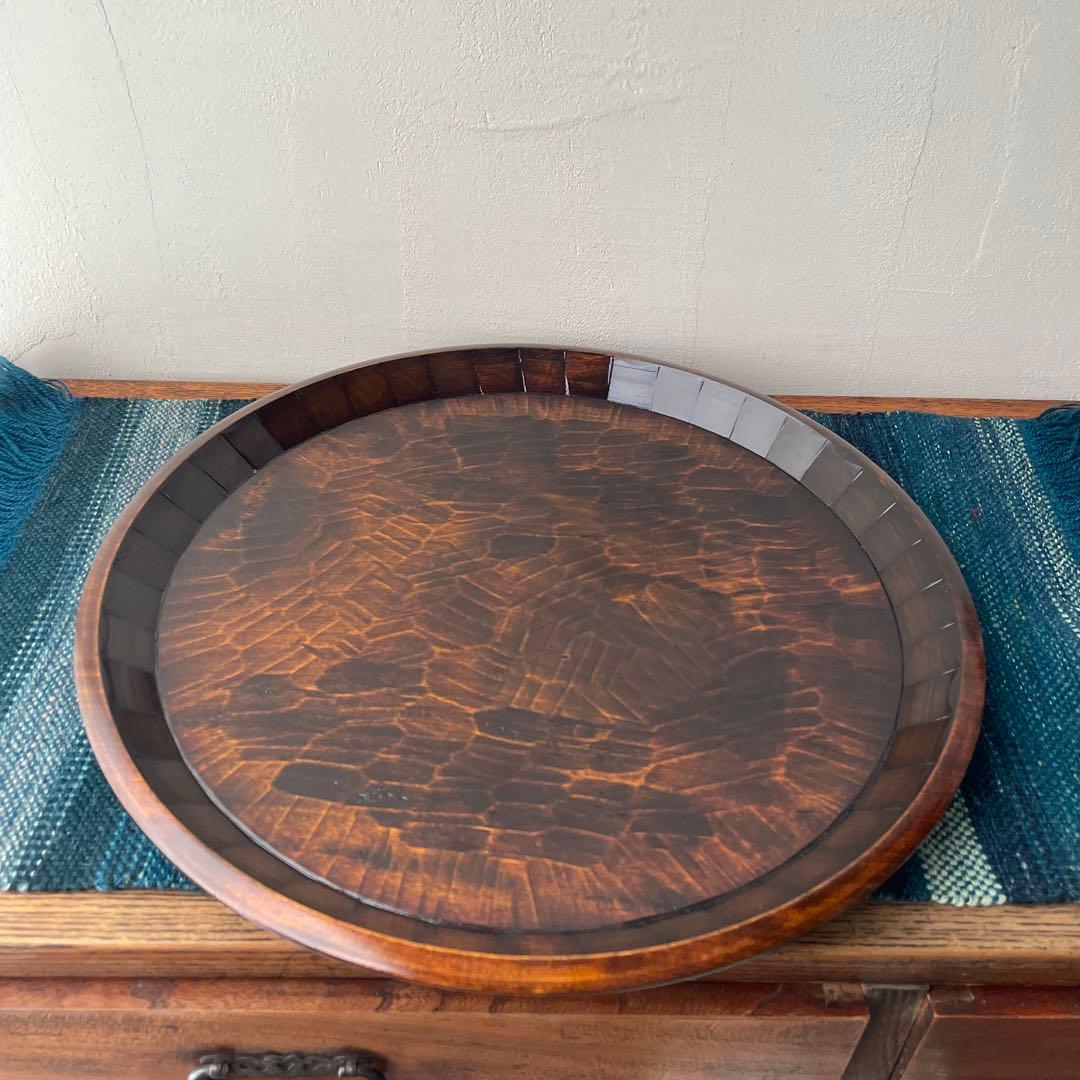 木製　名栗加工　丸盆　大型　古道具風　鑿跡　荒削り　ワイルド　古材風