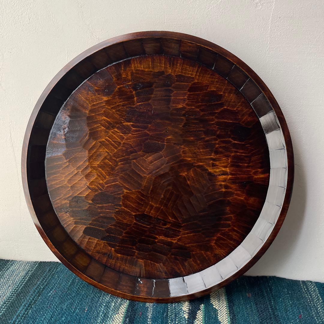 木製　名栗加工　丸盆　大型　古道具風　鑿跡　荒削り　ワイルド　古材風