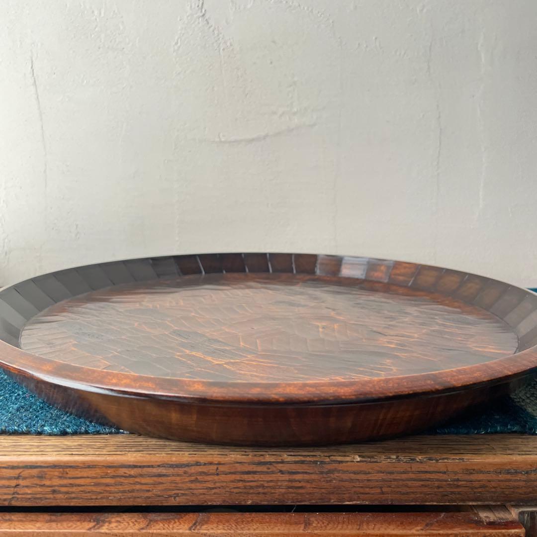 木製　名栗加工　丸盆　大型　古道具風　鑿跡　荒削り　ワイルド　古材風