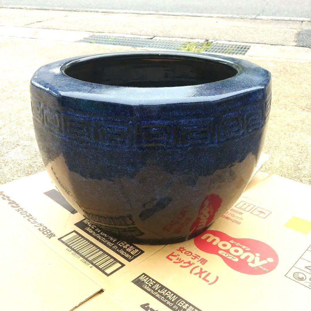 大型火鉢 青い12角形の火鉢 灰つき 陶器製 直径46・内寸32,5・高さ30