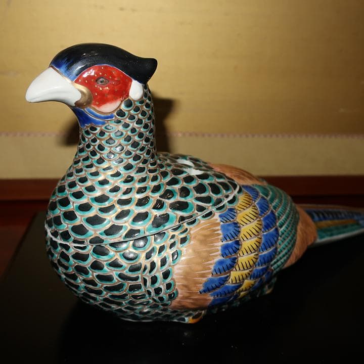 茶道具 インテリ置物 九谷焼 香炉 仁清風色絵金彩 雉子