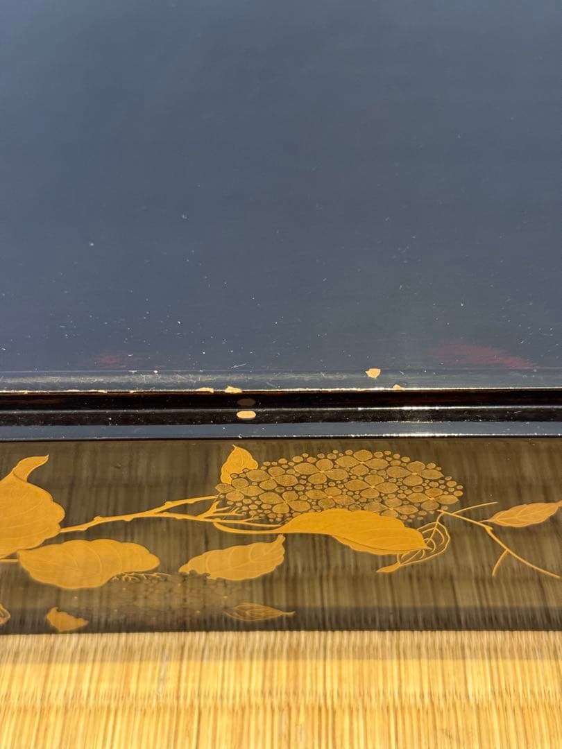 時代漆器 研ぎ出し草花蒔絵 五段重箱 二枚蓋 木瓜紋 保管箱