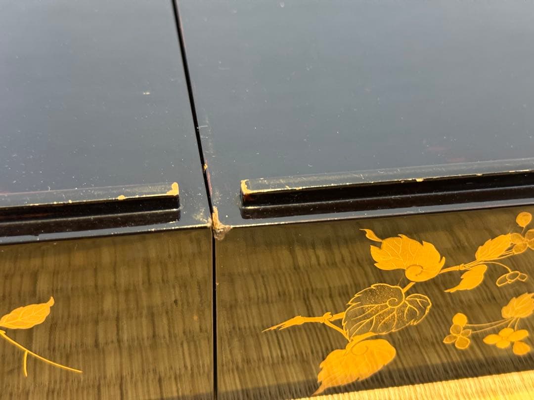 時代漆器 研ぎ出し草花蒔絵 五段重箱 二枚蓋 木瓜紋 保管箱