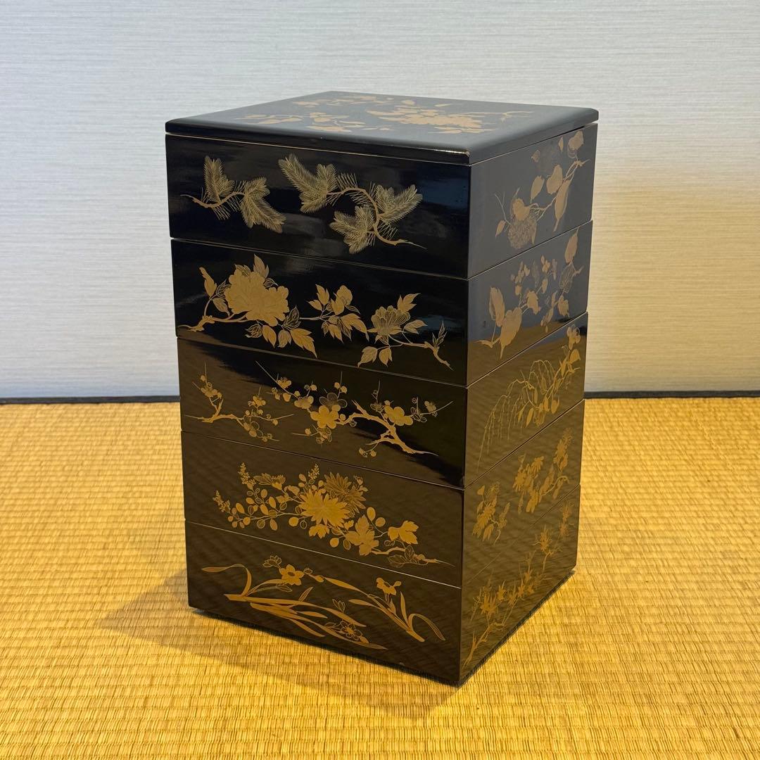 時代漆器 研ぎ出し草花蒔絵 五段重箱 二枚蓋 木瓜紋 保管箱 Yahoo!