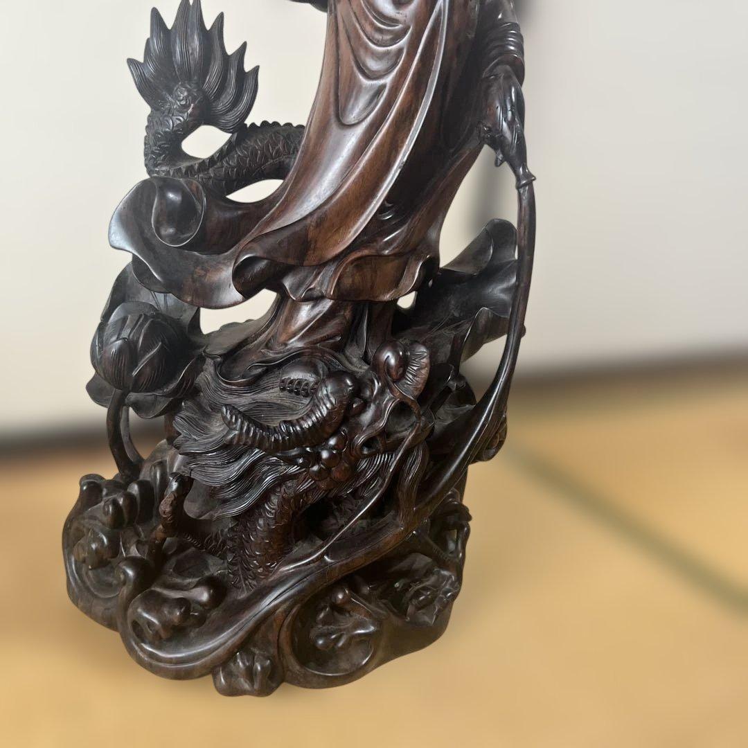 お値下げ】木彫 観音菩薩 木製 龍 彫刻 仏像 天女 置物 オブジェ