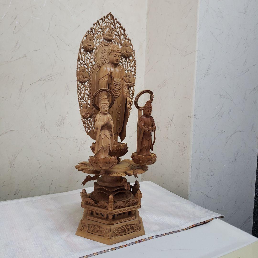 Bフライデー後背羅漢彫☆白檀 阿弥陀如来三尊像6寸立 眼入