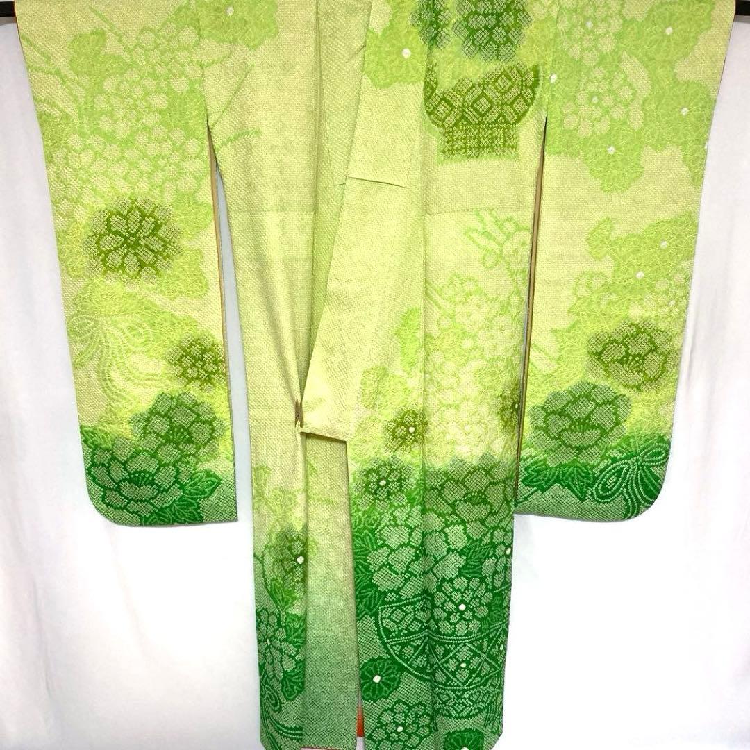 4k2291 振袖 正絹 袷 藤娘きぬたや 総絞り 緑 白 花柄