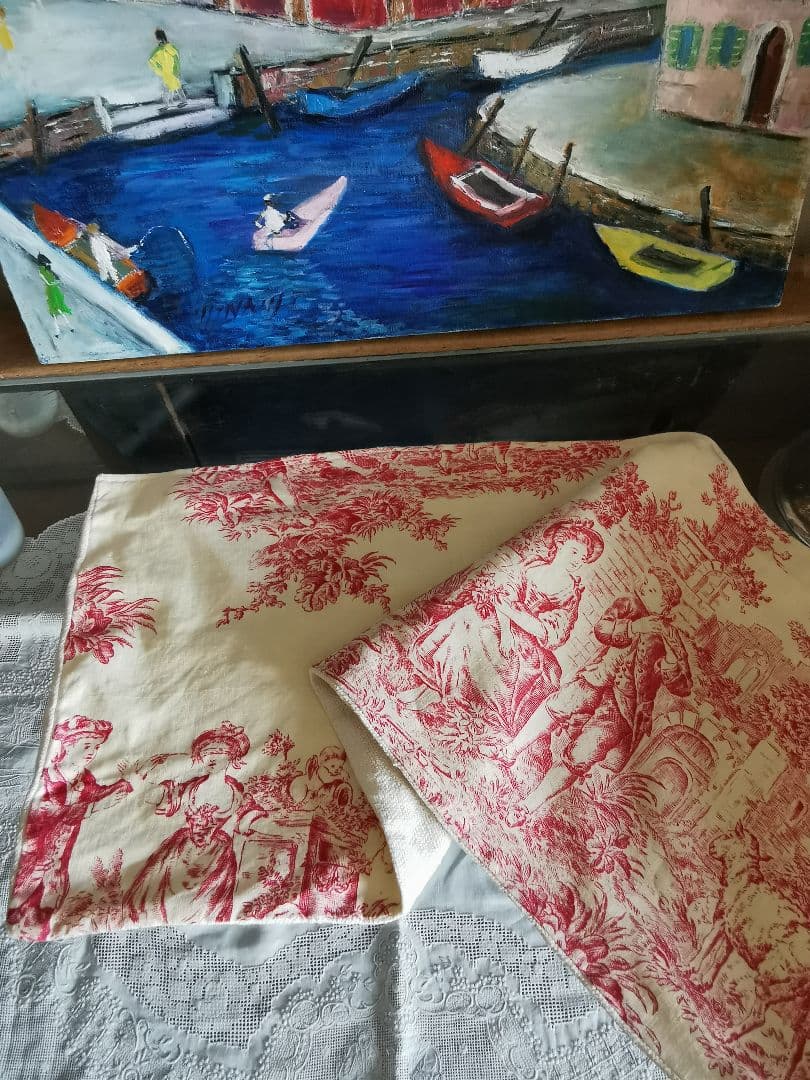 アンティーク トワルドジュイ 子供とカップルと天使 田園風景 ランナー