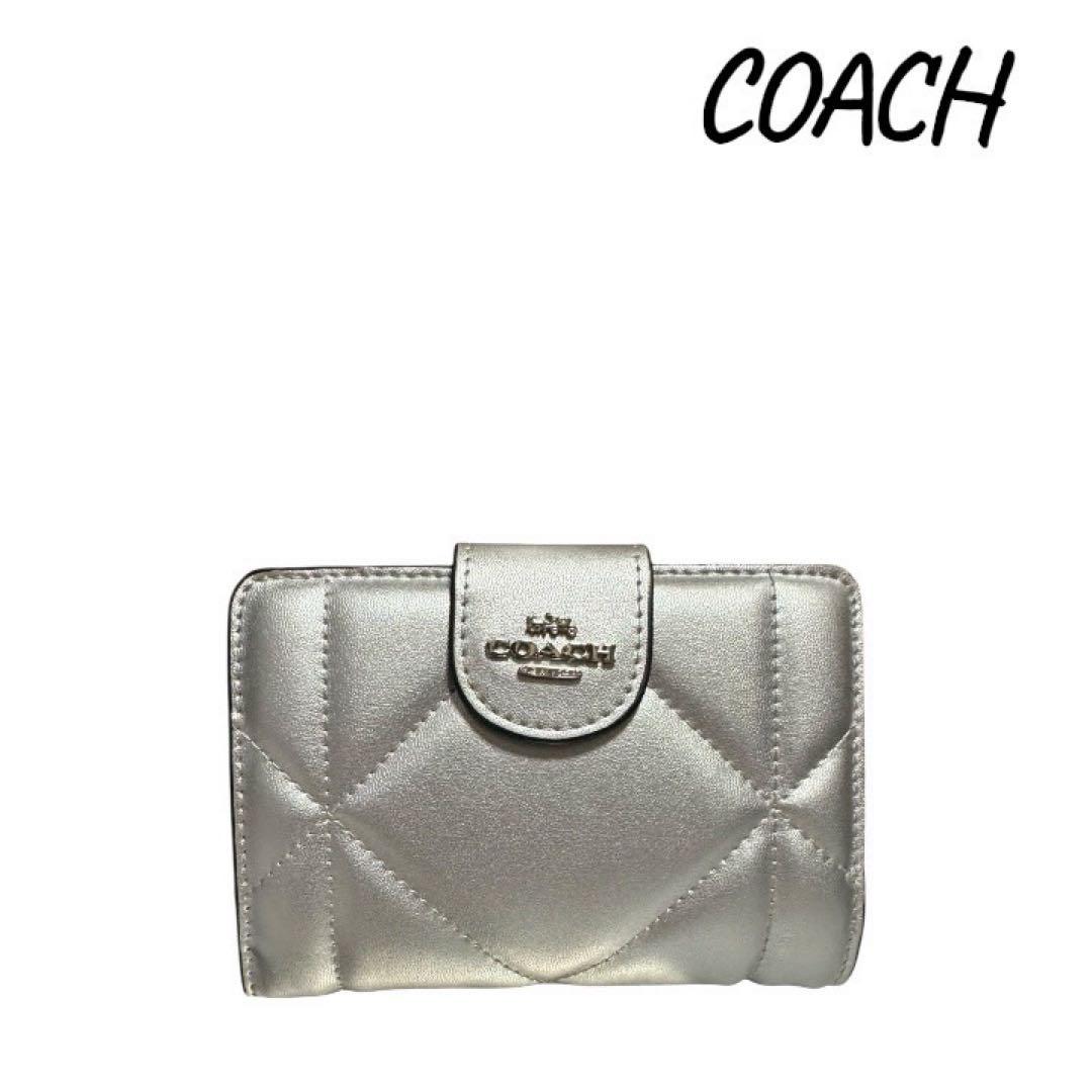 COACH キルティング 二つ折り財布 シルバー レザー コンパクト - メルカリ
