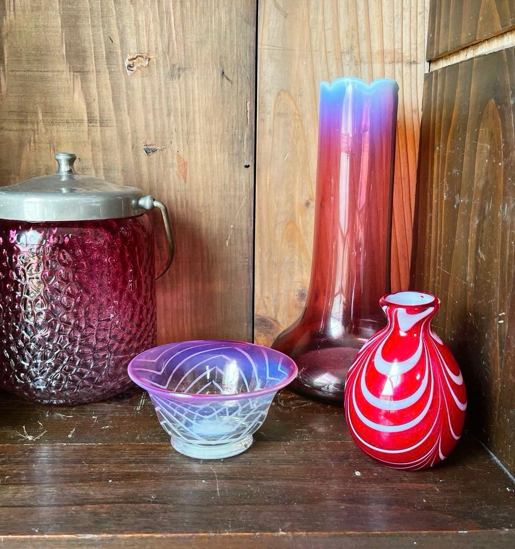 骨董 時代ガラス 超希少 金赤フチ 反り口 澤瀉紋 氷コップ 氷