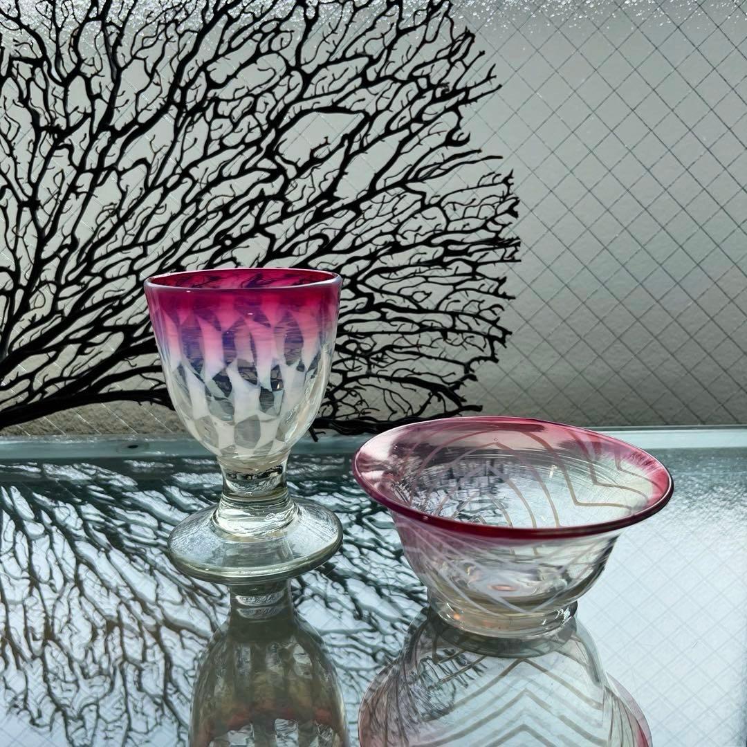 骨董 時代ガラス 超希少 金赤フチ 反り口 澤瀉紋 氷コップ 氷